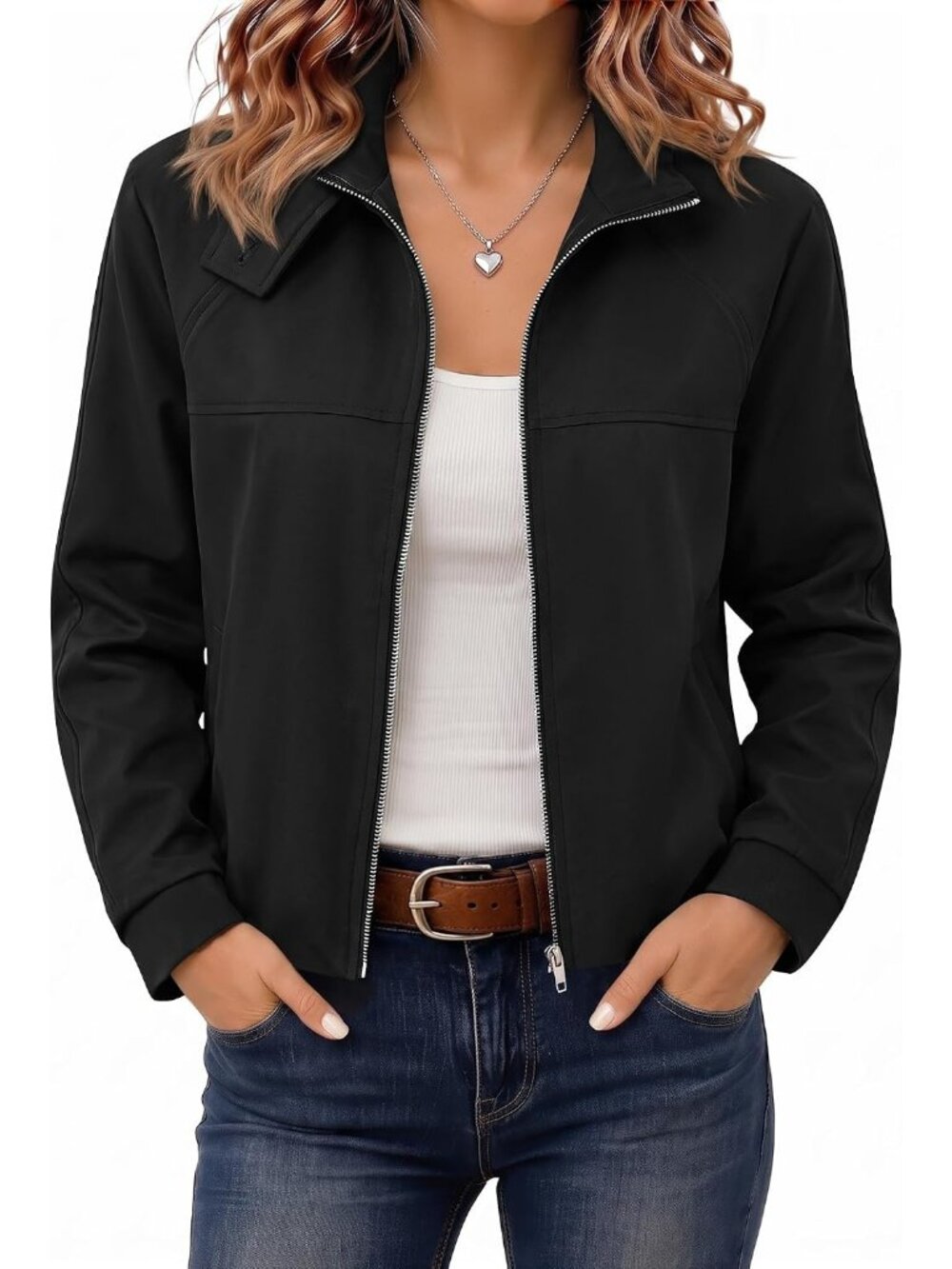 🆕Women’s Dark Black Cropped Zip Up Jacket Funnel Neck Bubble Back Moto Coat